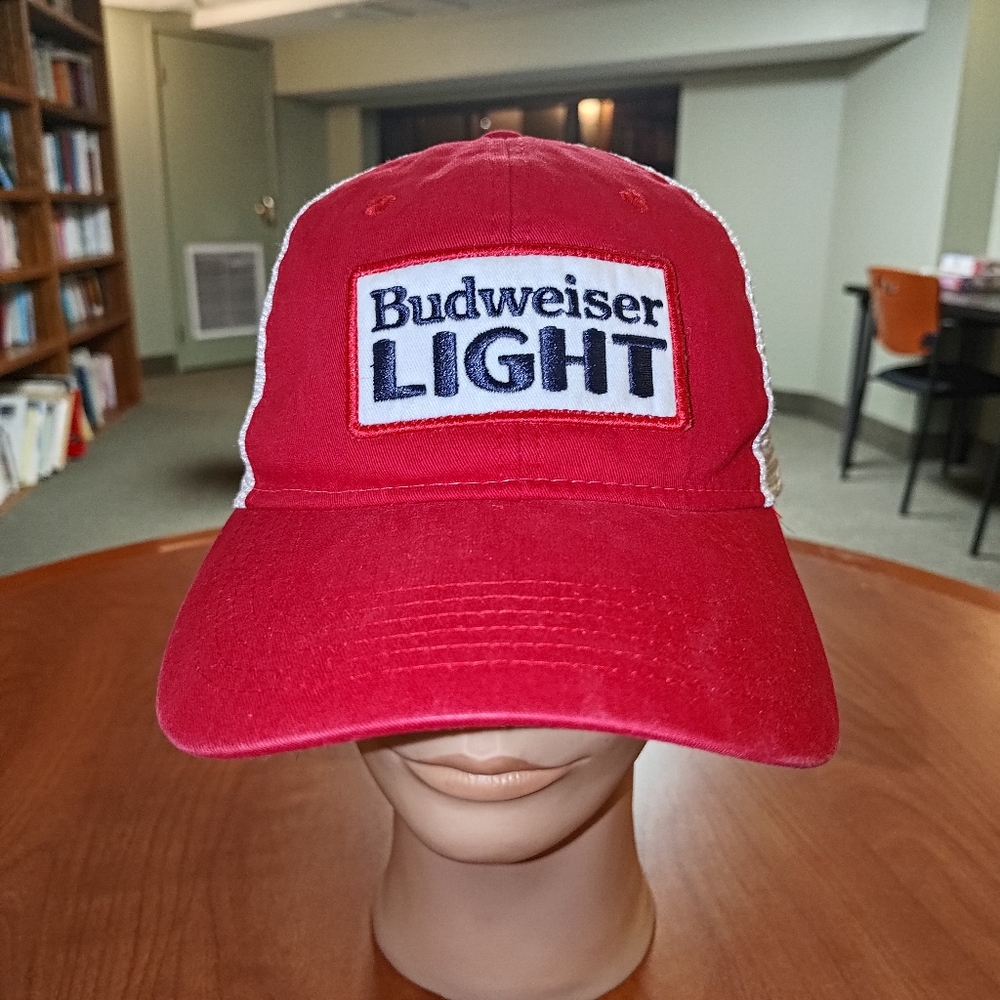 Budweiser Light Stitched Patch Trucker Mesh Red Strapback Cap Hat